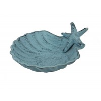 Dark Blue Whitewashed Cast Iron Shell With Starfish Decorative Bowl 6" - Decorative Cast Iron Decoration - Sea Life Decor   